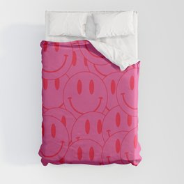 All Smiles -Large Pink and Red Smiley Face Mania - Preppy Aesthetic Duvet Cover
