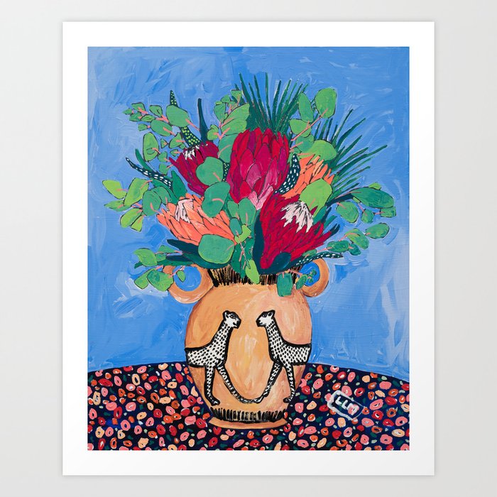 Cheetah Vase with Protea Bouquet Painting on Blue after Matisse Art Print
