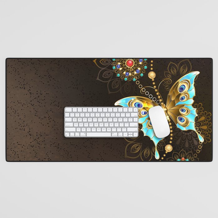 Brown Background with Turquoise Butterfly Desk Mat