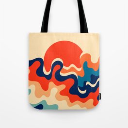 Retro 70s and 80s Color Palette Abstract Mid-Century Minimalist Nature Art Sun and Swirling Waves Tote Bag