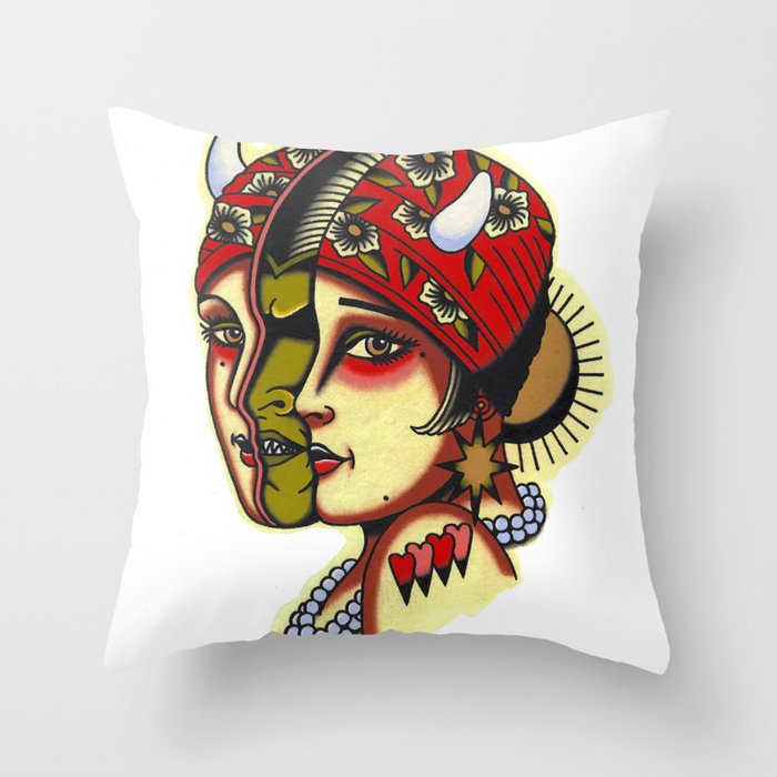 Split Face Tattoo Flash Painting with Demon Throw Pillow