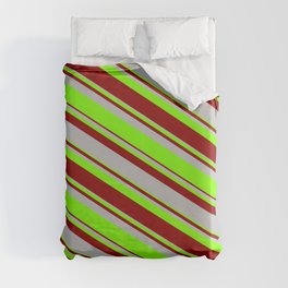 [ Thumbnail: Dark Red, Grey & Chartreuse Colored Lined/Striped Pattern Duvet Cover ]