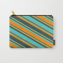 [ Thumbnail: Turquoise, Dark Orange & Dark Slate Gray Colored Pattern of Stripes Carry-All Pouch ]