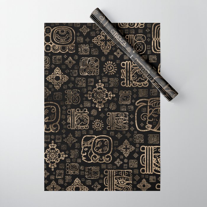 Mayan glyphs and ornaments pattern -gold on black Wrapping Paper