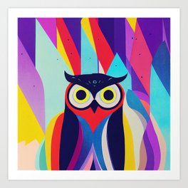 Colorful Owl Portrait Illustration - Bright Vibrant Colors Bohemian Style Feathers Psychedelic Bird Animal Rainbow Colored Art Art Print