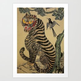 Striped Vintage Minhwa Tiger and Magpie Art Print
