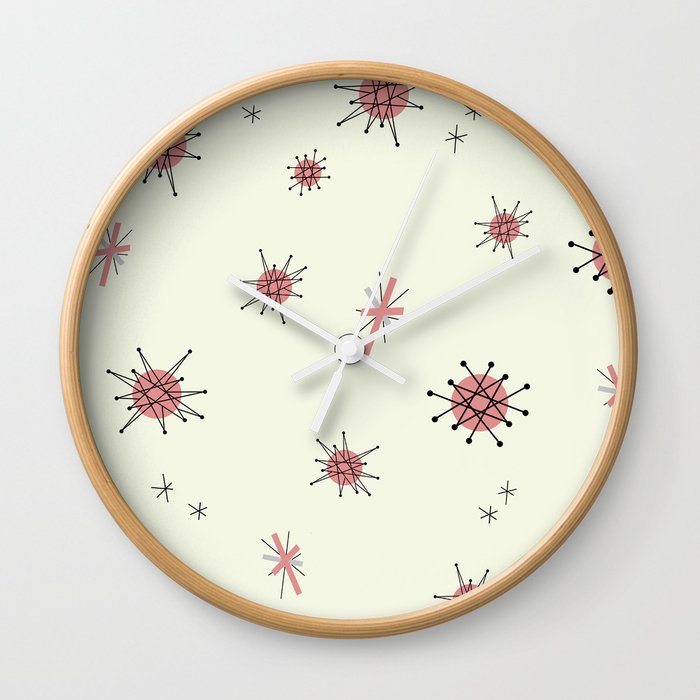 Mid Century Atomic Starburst Pink Pattern Wall Clock By