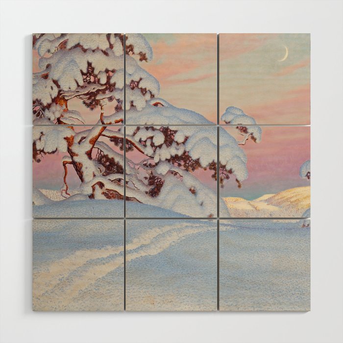 Snow and shadow on the snow-covered mountain | sunset with moon alpine painting | Gustaf Fjaestad Wood Wall Art