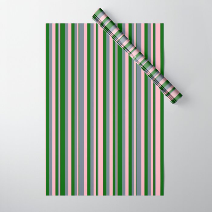 Light Pink, Slate Gray & Dark Green Colored Pattern of Stripes Wrapping Paper
