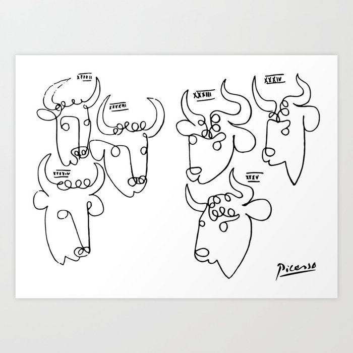 Picasso - Bulls Artwork, Animals Line Sketch, Prints, Posters, Bags, Tshirts, Men, Women, Kids Art Print