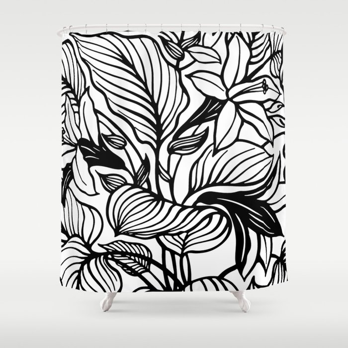 White And Black Floral Minimalist Line Drawing Shower Curtain
