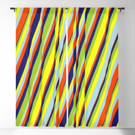 [ Thumbnail: Eye-catching Green, Yellow, Light Blue, Red & Midnight Blue Colored Lines/Stripes Pattern Blackout Curtain ]