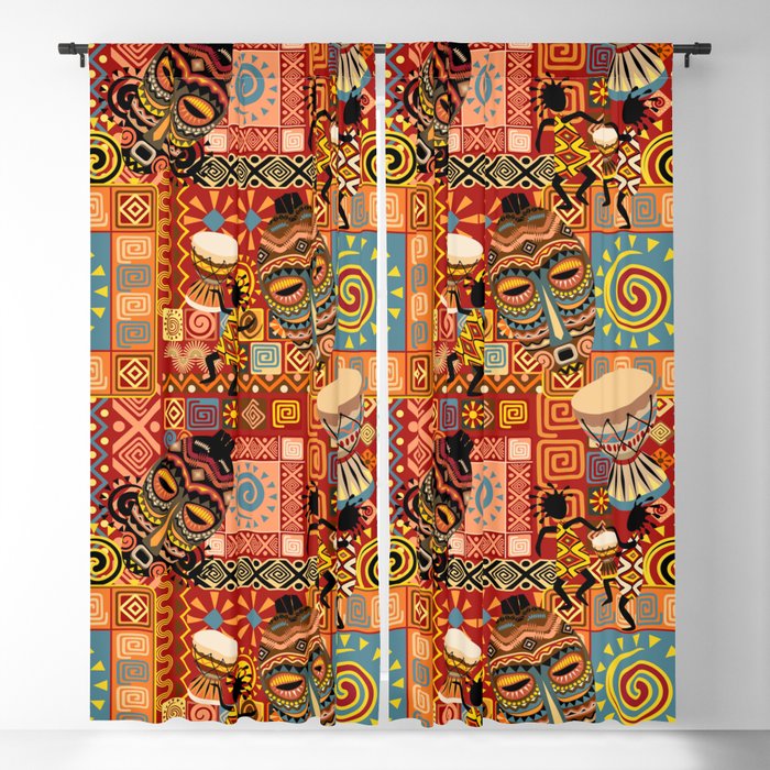 African Masks and Tribal Elements Decorative Pattern Blackout Curtain