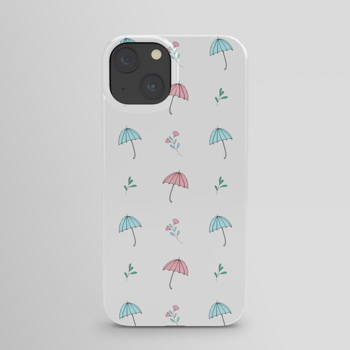 Modern hand drawn pastel pink teal floral umbrella pattern iPhone Case