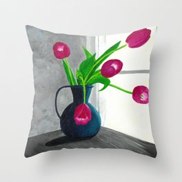 Pink Tulips in a Blue Vase Throw Pillow