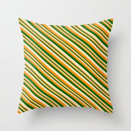 [ Thumbnail: Dark Orange, Dark Green & Bisque Colored Lines Pattern Throw Pillow ]