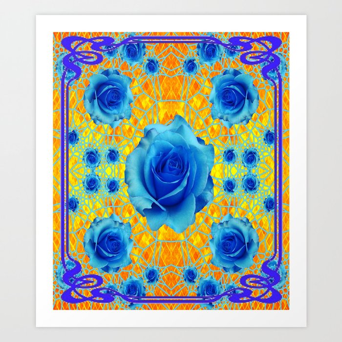 Art Nouveau Blue-golden Roses Abstract Design. Art Print