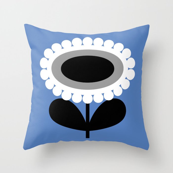 Mid Century Modern Scandinavian Flowers // MCM Floral // Blue, Gray, Black and White Throw Pillow