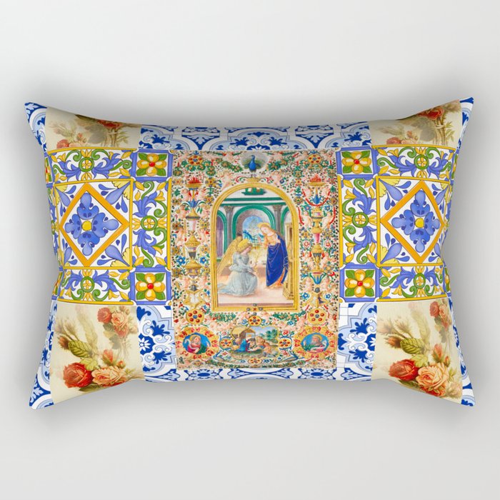 Italian,Sicilian art,holy Mary,Virgin Mary,maiolica,tiles,vintage roses  Rectangular Pillow