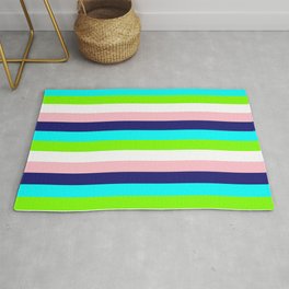 [ Thumbnail: Pink, Midnight Blue, Cyan, Chartreuse, and White Colored Lined/Striped Pattern Rug ]