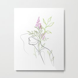 Colorful Botanical Flowerhead Portrait, Boho Line Art Metal Print | Botanicaldrawing, Beautifulwoman, Flowerheadwoman, Botanicalart, Digital, Minimalart, Empowerment, Plants, Drawing, Selfworth 