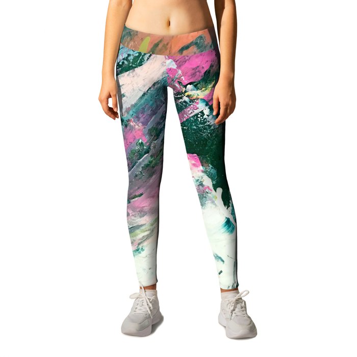 Meditate [5]: a vibrant, colorful abstract piece in bright green, teal, pink, orange, and white Leggings