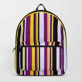 [ Thumbnail: Yellow, Purple, Lavender & Black Colored Striped/Lined Pattern Backpack ]