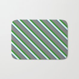 [ Thumbnail: Colorful Grey, Forest Green, Mint Cream, Sky Blue & Black Colored Pattern of Stripes Bath Mat ]