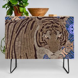 Tiger on abstract stripey wavy blue and brown pattern Credenza