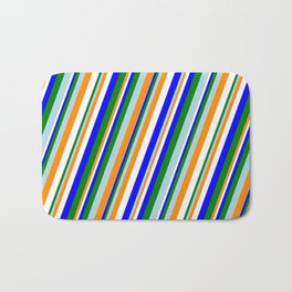 [ Thumbnail: Eye-catching Light Blue, Dark Orange, White, Blue & Green Colored Lined/Striped Pattern Bath Mat ]