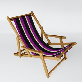 [ Thumbnail: Beige, Dark Khaki, Purple & Black Colored Stripes Pattern Sling Chair ]