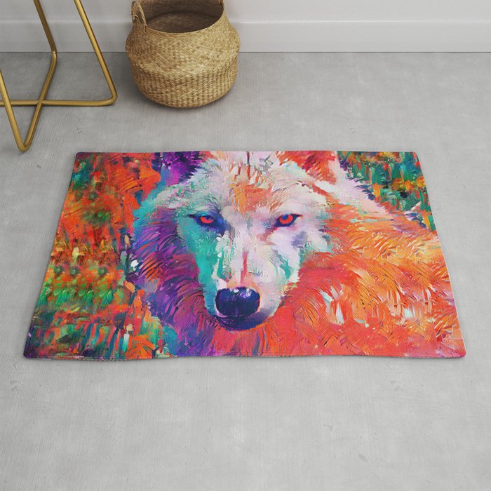 Wolf Arctic White Rainbow Colorful Painting  Rug