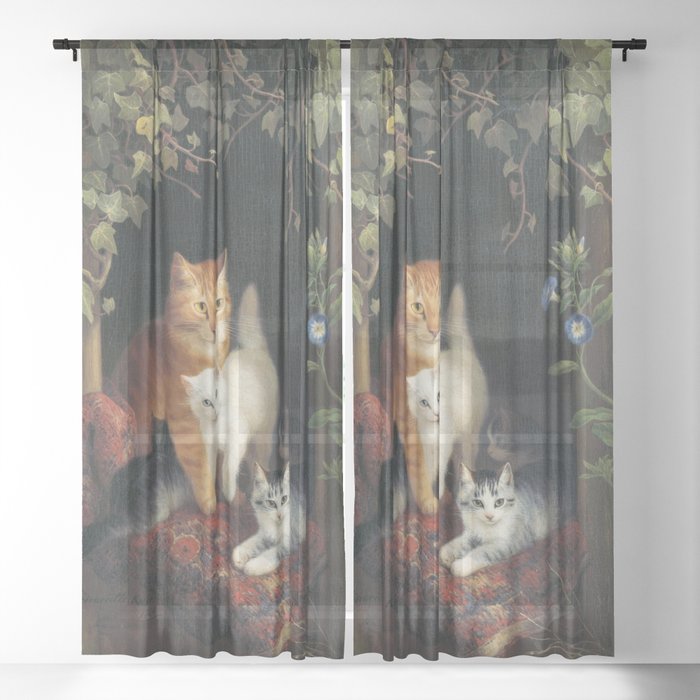 Cat with Kittens Sheer Curtain