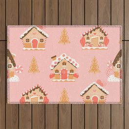 Christmas Gingerbread Houses and Trees in Cartoon Style on Pink Background Seamless Pattern with Snowflakes Outdoor Rug