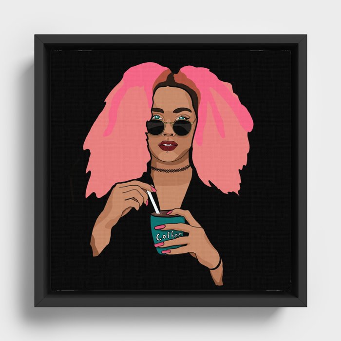 Woman with pink hair, sunglasses and piercings stirring coffee Framed Canvas