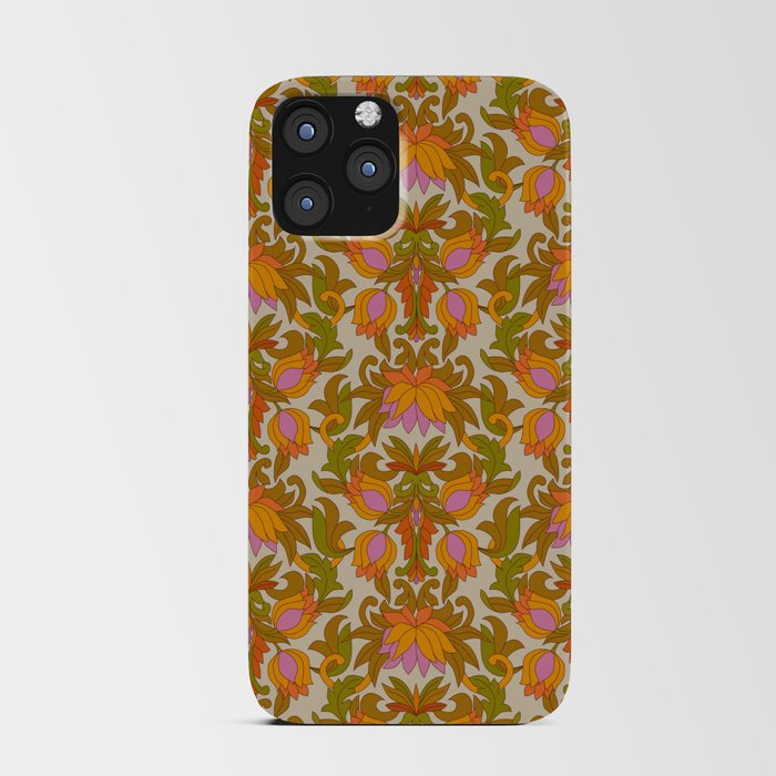 Orange, Pink Flowers and Green Leaves 1960s Retro Vintage Pattern iPhone Card Case