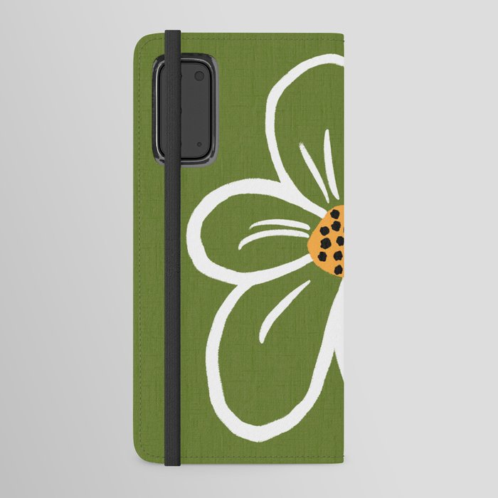 Retro Modern Daisy Flower Illustration In White On Olive Green Retro Modern Cottagecore Floral Art Android Wallet Case