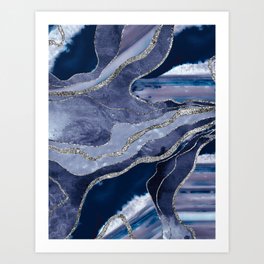 Blue Marble Agate Silver Glitter Glam #1 (Faux Glitter) #decor #art #society6 Art Print