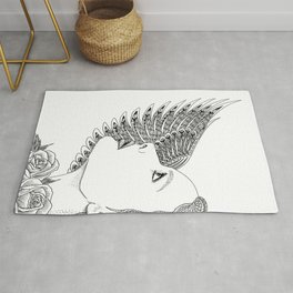 Lady Icarus Rug | Portrait, Black And White, Jazmyntauro, Ink Pen, Drawing, Face, Wings, Beauty, Roses, Tauroart 