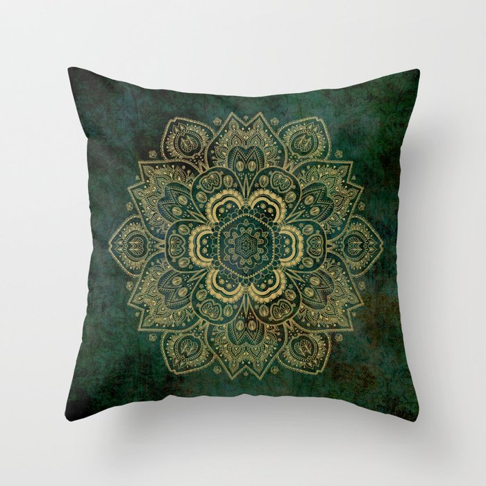 Golden Flower Mandala on Dark Green Throw Pillow