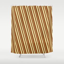 [ Thumbnail: Pale Goldenrod & Brown Colored Striped/Lined Pattern Shower Curtain ]