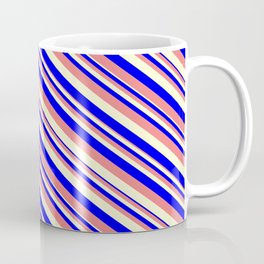 [ Thumbnail: Blue, Light Coral, and Light Yellow Colored Stripes Pattern Coffee Mug ]