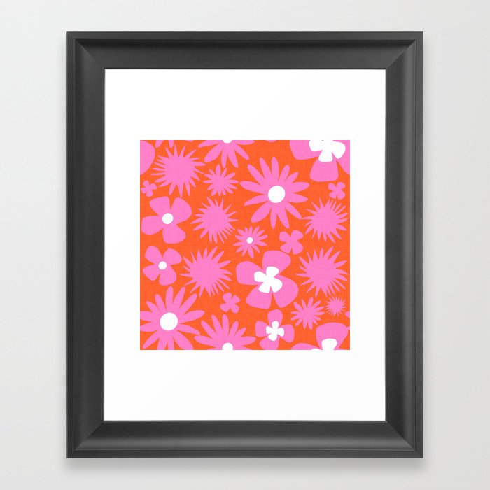 Hot Pink On Retro Red Wild Flowers Framed Art Print