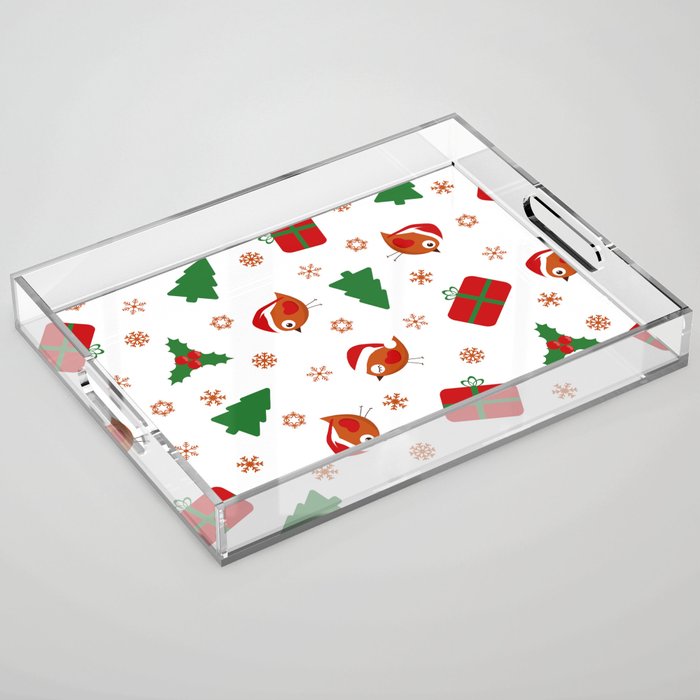 Seamless Christmas Pattern with Birds and Gifts Acrylic Tray