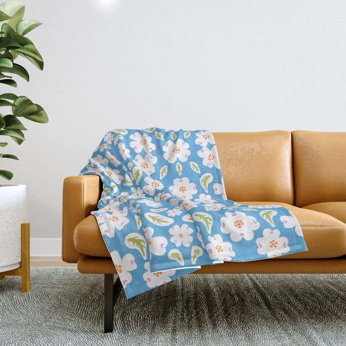 Mid-century Modern Dogwood Blooms Blue Throw Blanket