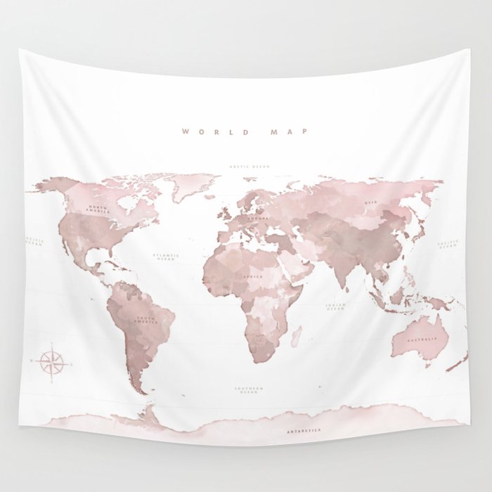 Blush Pink World Map Art Wall Tapestry by Agnes Szafranska | Society6