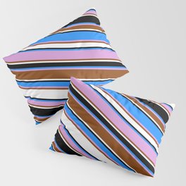 [ Thumbnail: Blue, Plum, Brown, White & Black Colored Lined/Striped Pattern Pillow Sham ]