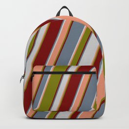 [ Thumbnail: Colorful Slate Gray, Light Gray, Dark Salmon, Green, and Maroon Colored Lined Pattern Backpack ]