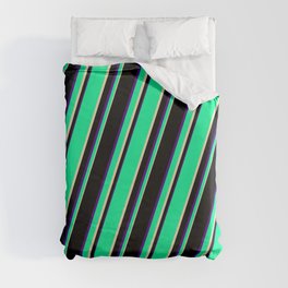 [ Thumbnail: Green, Tan, Black, and Indigo Colored Lines/Stripes Pattern Duvet Cover ]