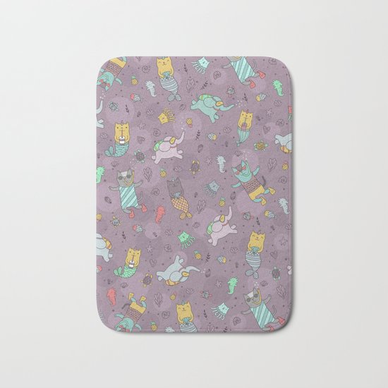 Cat mermaids under the sea. Funny elephant and unicorn kitty. Bath Mat